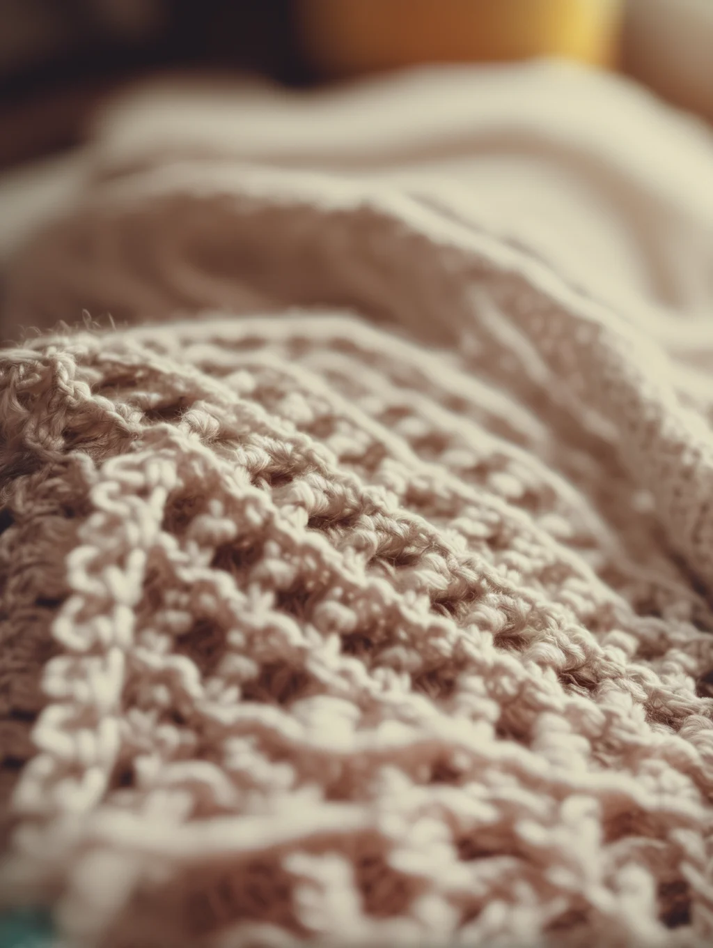 <lora:CROCHETED:1>CROCHETED - Showcase a close-up of crochet work in progress using a macro lens under a warm afternoon light, using a vintage film style to evoke a feeling of nostalgia and the comfort of home