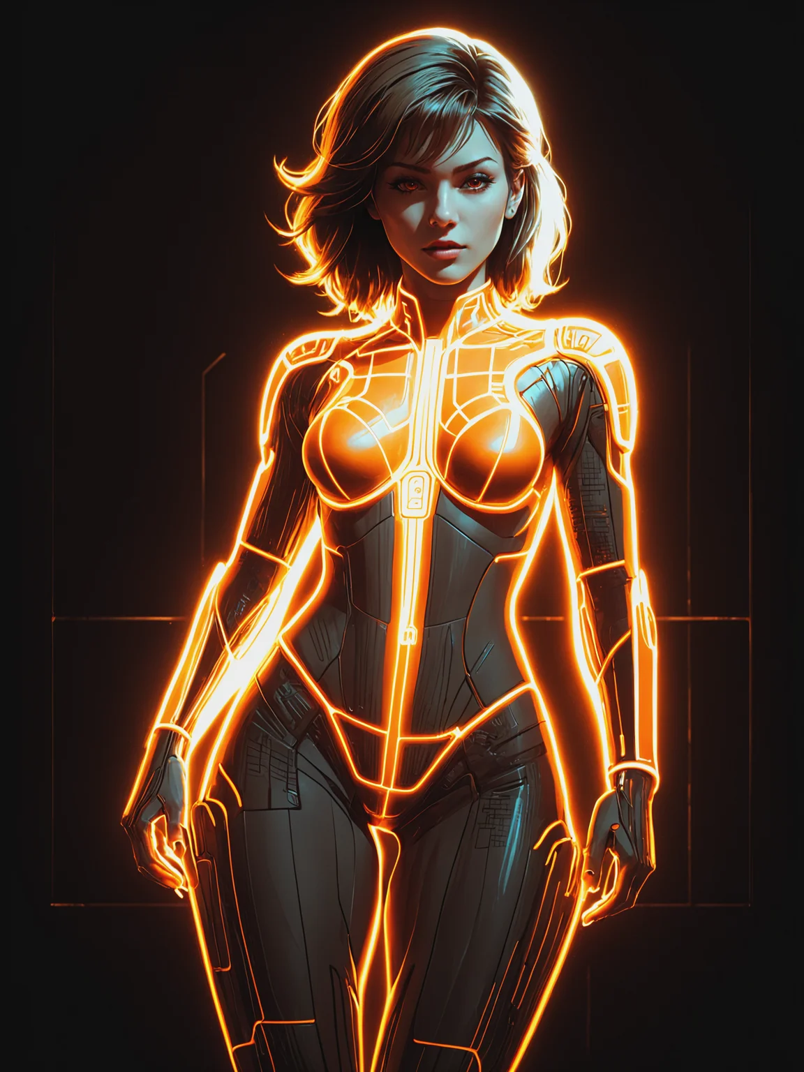mad-cyberspace, woman, dynamic pose, orange glowing outlines, grid, cyberpunk, 1980s, retro, scifi <lora:Neon_Cyberpunk_Cyberspace_SDXL_v2:0.8>, raw photo, film grain, (photorealistic, realistic:1.2), deep shadow, 8k, uhd, dslr, ultra high res