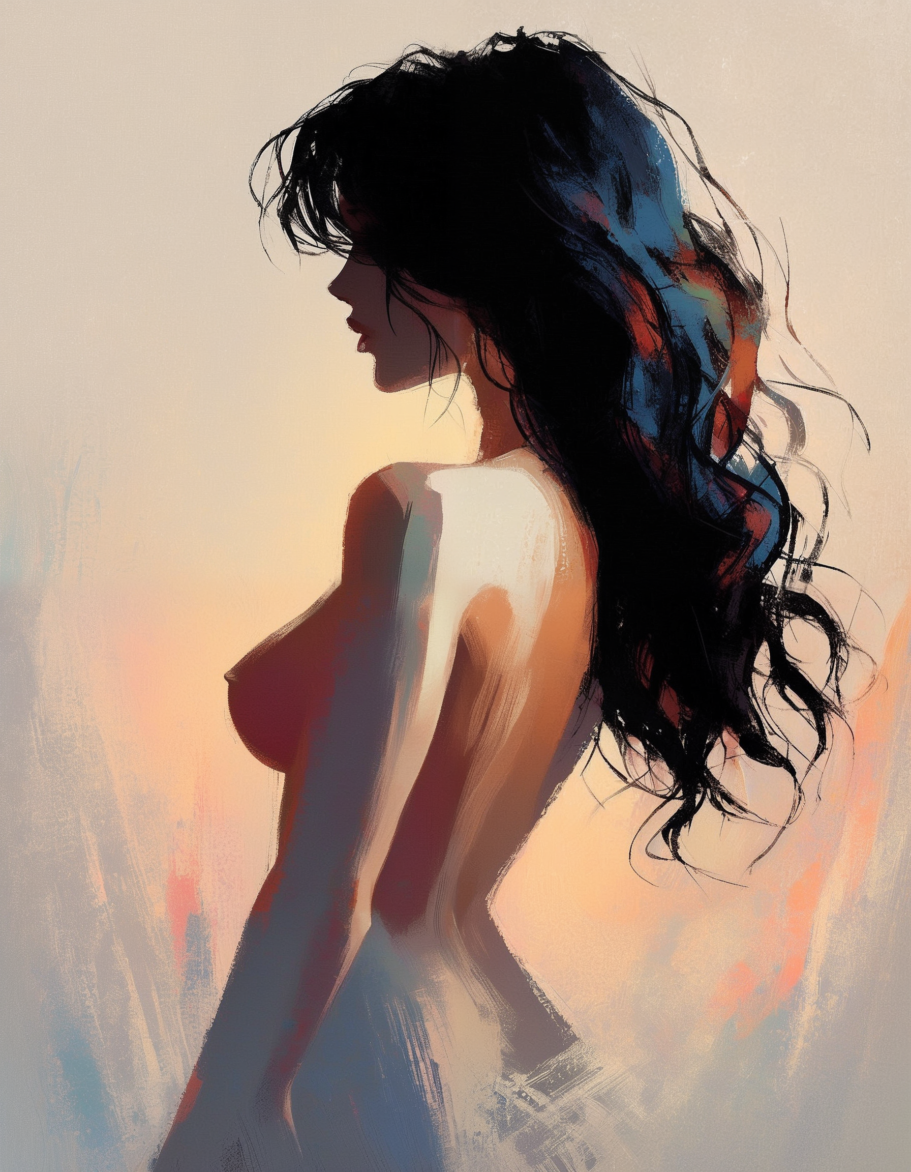 digital impressionist painting, 1girl, silhouette, side view, large breasts, large nipples, shorter black hair, simple bright background