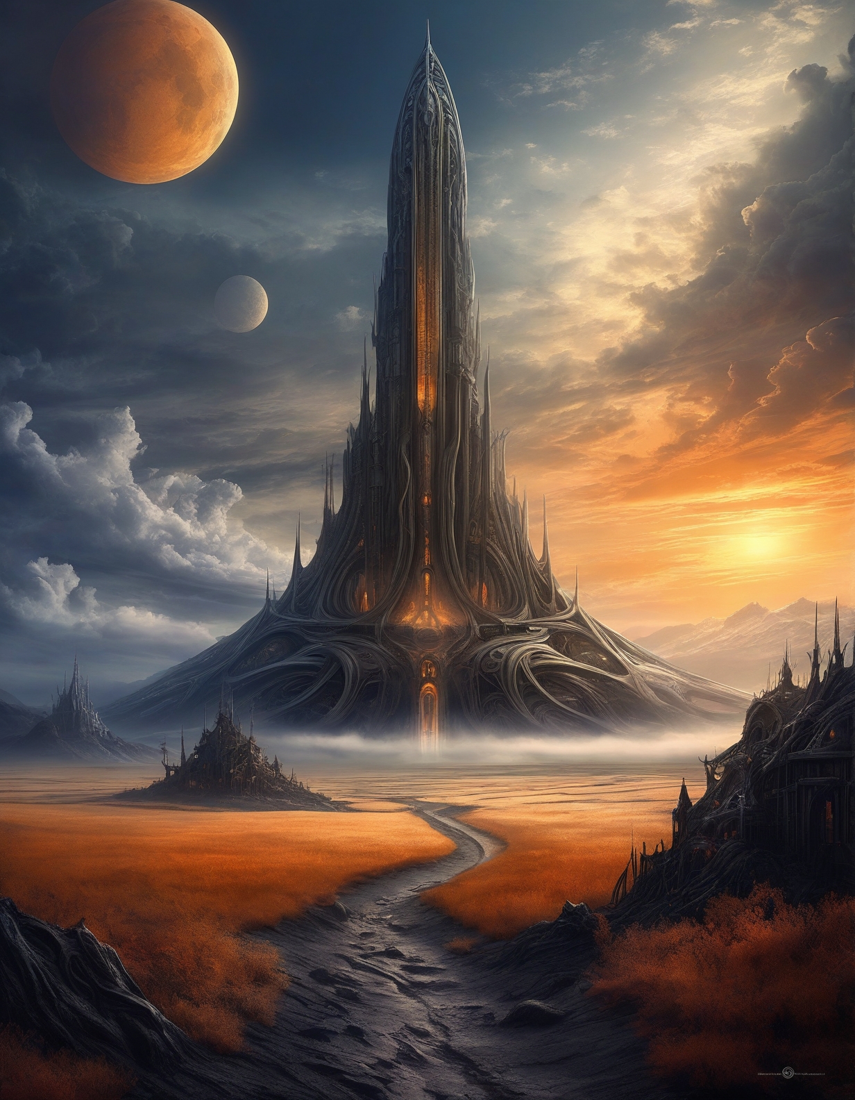 ethereal fantasy concept art of horror-themed H.R. Giger: (biomechanical horror), (alien landscapes), (Warm color guide), (surreal organic forms),
magnetic obelisk field generating aurora prisons,
Volcanic island with black sand beaches,
Dust devil dancing across playa,
a winter cloudscape, with clouds heavy with snow, the sky a soft gray, promising a gentle snowfall,
Civil twilight with urban lights,
Harvest moon over ripe crops,
<lora:add-detail-xl:0.7>,
<lora:DetailMaximizer:0.3>,
<lora:brho:0.2> brho,
<lora:Deep_depth_of_field:0.3>,
<lora:extremely_detailed:1> extremely detailed,
 <lora:MJ52_v2.0:0.3> . eerie, unsettling, dark, spooky, suspenseful, grim, highly detailed, Bio-mechanical fantasy illustration style, blends organic and mechanical elements, vibrant and surreal, dynamic composition, professional-grade execution, captures the essence of fantasy and science fiction, detailed and imaginative environment, magnificent, celestial, ethereal, painterly, epic, majestic, magical, fantasy art, cover art, dreamy