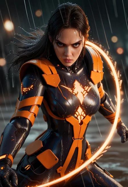 score_9, score_8_up, score_7_up, score_6_up,
stellartachy, 1girl, solo, black hair, black eyes, long hair, (Large black round armored Shoulder pads:1.4), (look at viewer, perfect eyes; 1.5), perfect lips
(orange neon lines), ( black glowing plugsuit:1.3), cyberpunk gloves,
(Wet rain, worm, hurricane: 1.5)
cowboy shot, white background, (epic, movie scene , action scene, fight, colorful, bokeh, god light:1.4)