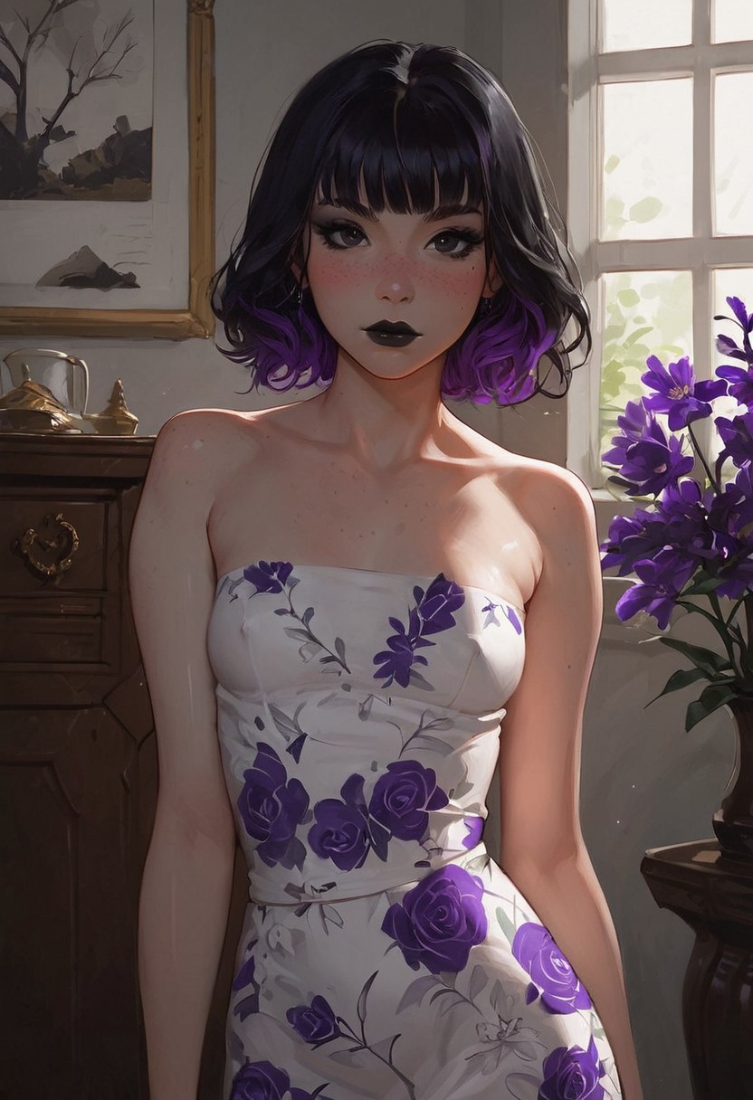 score_9, score_8_up, score_7_up, score_6_up, Expressiveh, g0thicPXL, 1girl, 23 years old, perfect face, cute, BREAK
Living room, bay window, couches, light hitting character, (natural lighting:1.3), BREAK
Small breast, shiny skin, black eyes, black hair with purple highlights, medium hair, bangs, black lipstick, dark makeup, dark eyeshadow, motion lines, blush, BREAK 
Looking at viewer, large eyes, Russian, skinny face, beautiful, white floral dress with purple flower embroidery, large purple flowers on dress, strapless dress, detailed collarbones, standing, detailed skin, light body freckles, slight side view, half body, turned slightly, centered, chin tilted slightly upward, bodypaint, painted clothes, ultra detailed, masterpiece