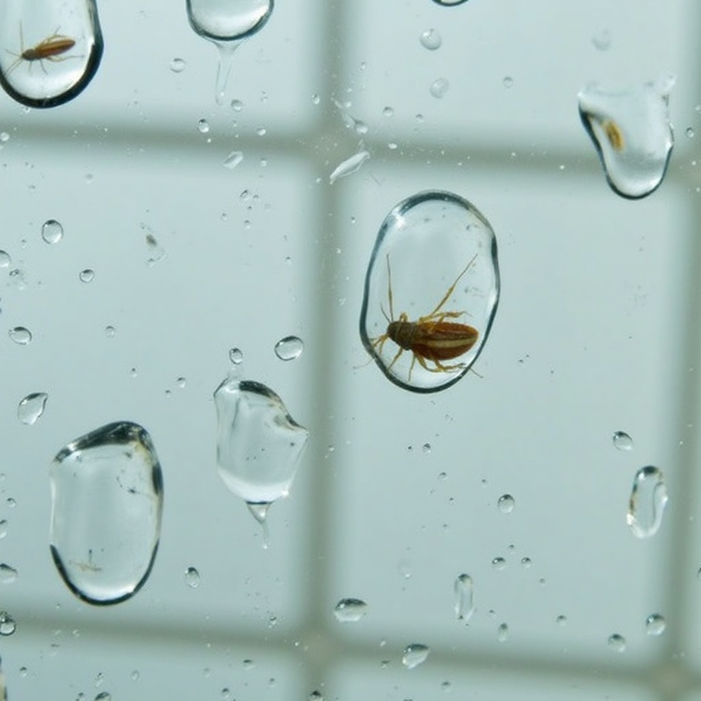 Photography close-up close -up of some water drops on a dirty glass pane. In each drop there is a magnified and distorted image of a roach crawling over white tiles. The background is very blurry and in light colors, depth of field, makro photography <lora:refraction-000111:1>