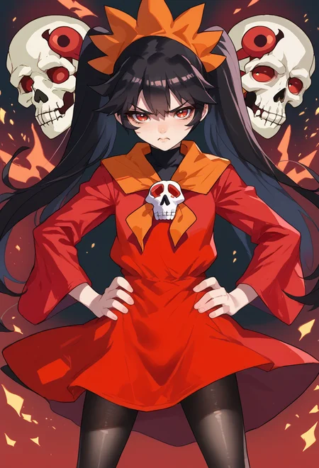 score_9, score_7_up, source_anime, BREAK <lora:ashley_warioware:0.7> black hair, twintails, long hair, red eyes, orange hairband, bangs, skull, pantyhose, red footwear, red dress, pout, standing, leaning, hands on own hips, legs apart, solo, <lora:Ban!_(bansankan)_PonyXL_style_v01:1>