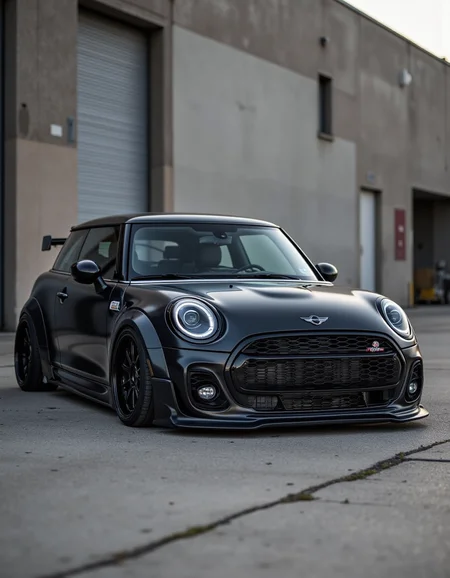 Mini cooper car, matte black paint, low suspension, high end wheels, tinted windows, led headlights, stylish and heavily modified mini cooper car,  wheels slightly tilted,  back alley background,
 <lora:Flacs_Enhancer:0.8> ff-enhance