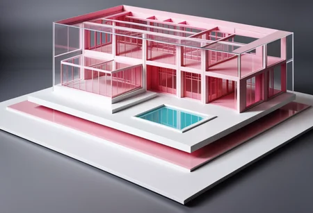 best quality, professional grade, studio shot of an architecture physical model, ( pink  details),  glass model,( geometric  style)  super detailed, masterpiece, Perfectly framed, cinematic lighting, focused, Architecture office in background, hyperrealistic, ultrarealistic, <lora:rawconcreteXL:1> Architecture physical model