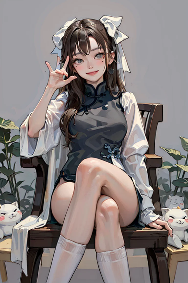 masterpiece, best quality, 1girl, brown hair,long hair, grey eyes, mole under eye, yaozhi\(fkey\), yaozhi\(china_cloth\), <lora:yaozhi_anm_v15:0.77>, sitting, on chair, crossed legs, evil smile, from from below,