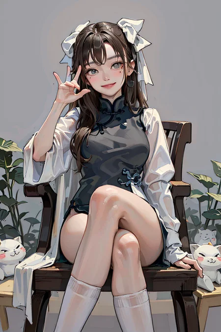 masterpiece, best quality, 1girl, brown hair,long hair, grey eyes, mole under eye, yaozhi\(fkey\), yaozhi\(china_cloth\), <lora:yaozhi_anm_v15:0.77>, sitting, on chair, crossed legs, evil smile, from from below,