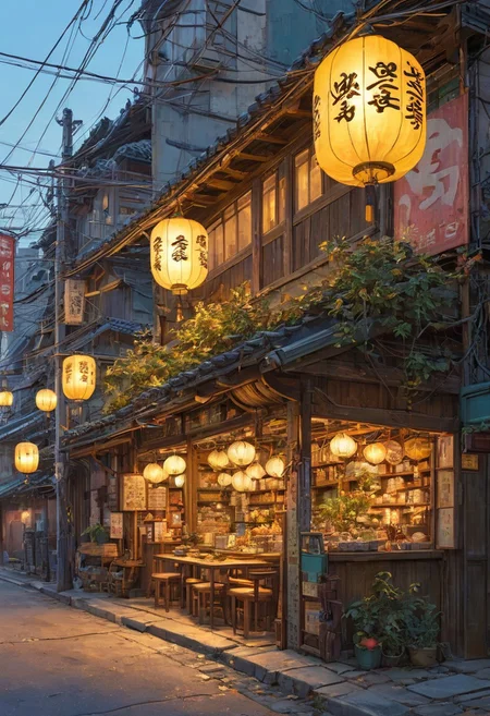 A cozy, small traditional Korean shop illuminated warmly at dusk, surrounded by a large, intricate tree with branches sprawling across the scene. The shop has wooden panels and shelves filled with various goods, and a soft yellow glow emanates from its windows and lanterns. Outside, there are a few stools and tables under the tree, scattered leaves, and soft lighting creating a serene and nostalgic atmosphere. Overhead, electrical wires crisscross the sky, adding depth and realism. The environment is peaceful, with a blend of natural and urban elements harmonizing beautifully.. (anime, cyberpunk, Moebius (Jean Giraud) Style page), (high contrast:1.1)