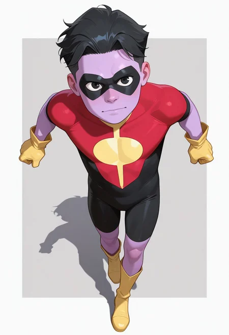 1boy, male focus, cute boy, rOliver_Grayson, Purple Skin, Colored Skin, Black Hair, Black Eyes, Domino Mask, Superhero Costume, Yellow Gloves, Yellow Boots, levitating, simple background, graphic border, cinematic, intricately detailed illustration, depth of field, masterpiece, best quality, amazing quality, very aesthetic, absurdres, newest, very awa, shadow, dynamic angle, casual cosplay, dynamic pose, action pose