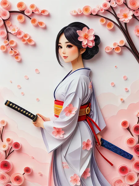 Made of paper.
A beautiful Japanese woman, dressed in a kimono, holding a samurai sword. Cherry blossom.
<lora:Quilling01_CE_XL_300-OT:0.6> qlngCE_style