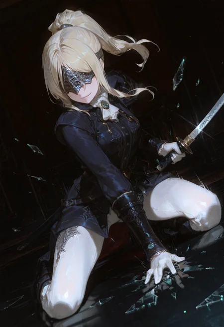 masterpiece, best quality, good quality, newest, highres, absurdres, volumetric lighting,gradient color,
BREAK
raytracing, volumetric lighting, ambient occlusion, girl, background, masterpiece, best quality, very awa, absurdres,
BREAK
DuchessER, ponytail, blonde hair, covered eyes, solo, model style,
BREAK
masterpiece,amazing quality,best quality,ultra-detailed,8K,illustration,CG,shiny hair,clear skin,ultra-detailed-eyes, background,cute girl,
BREAK,
looking at viewer, holding katana, action pose, hand on floor, smirk, motion lines, dutch angle, battle, motion lines, motion blur, abstract, breaking, shattered, glass, broken glass,
<lora:DetailedEyes_V3:1> <lora:USNR STYLE_XL_loha:0.45> <lora:GBF_Illustrious:0.4> <lora:NOOB_vp1_detailer_by_volnovik_v1:0.3> <lora:MGE_V5.2_IL:0.6> <lora:ponyv6_noobE11_2_adamW:0.5> <lora:noobai_vpred_1_masterpieces_v1:1> <lora:748cmXLillokrV5311P:0.6> <lora:iLLDuchessER:1>