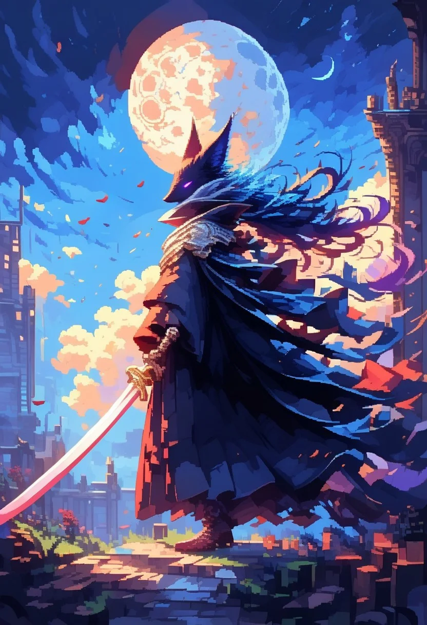 score_9, score_8_up, score_7_up, score_6_up,masterpiece,8k,high res, hkfuture,d3p1x3l, pixel art,(ais-ghostly:1.1),(1 human girl:1.2), (long wolf ears:1.4),(long fluffy tail:1.3),(long wild hair),(tricorne hat),beautiful face,detailed face,(dark purple eyes),shining eyes,(dark purple hair),tranquil expression,(slim figure),bright white robes,holding long sword,swordmaster robe,exposed legs,walking,skinny,(big hands),(beast hands:1.1), (long legs),(paw feet),(night time,starry sky,full moon,dynamic lightining,strong winds)