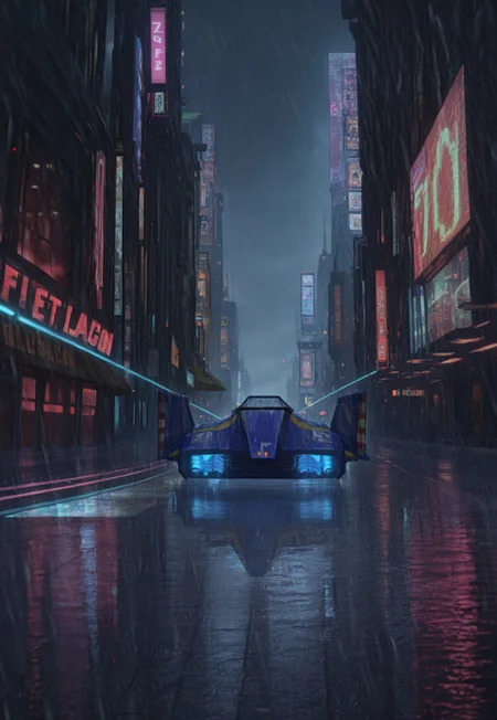 blue_falcon, hovering, one meter above ground, street level, street race, street racing, no humans, cyberpunk cityscape, rain, glowing neon blue lights, futuristic skyscrapers, holographic signs, dystopian yet beautiful, dark sci-fi atmosphere, high-tech streets, cinematic composition, ultra-detailed, neon reflections, 8K HDR, realistic,
BREAK masterpiece, best quality, amazing quality, very aesthetic,highres, absurdres,