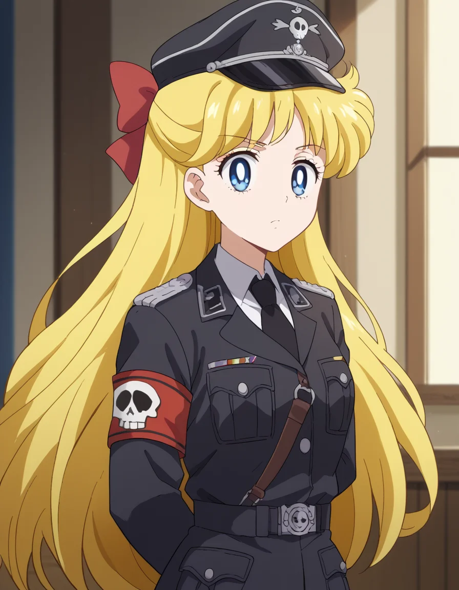 score_9, score_8_up, score_7_up, source_anime, <lora:minako-aino-eternal-movie1-ponyxl-lora-nochekaiser:1>, minako aino, blonde hair, blue eyes, bow, hair bow, half updo, long hair, red bow, tiara,, <lora:warden-ponyxl-lora-nochekaiser_r1:1>, skull hat ornament, uniform, military uniform, black uniform, hat, cap, black cap, armband, collared shirt, black necktie,, indoors, hands behind back,, cowboy shot,