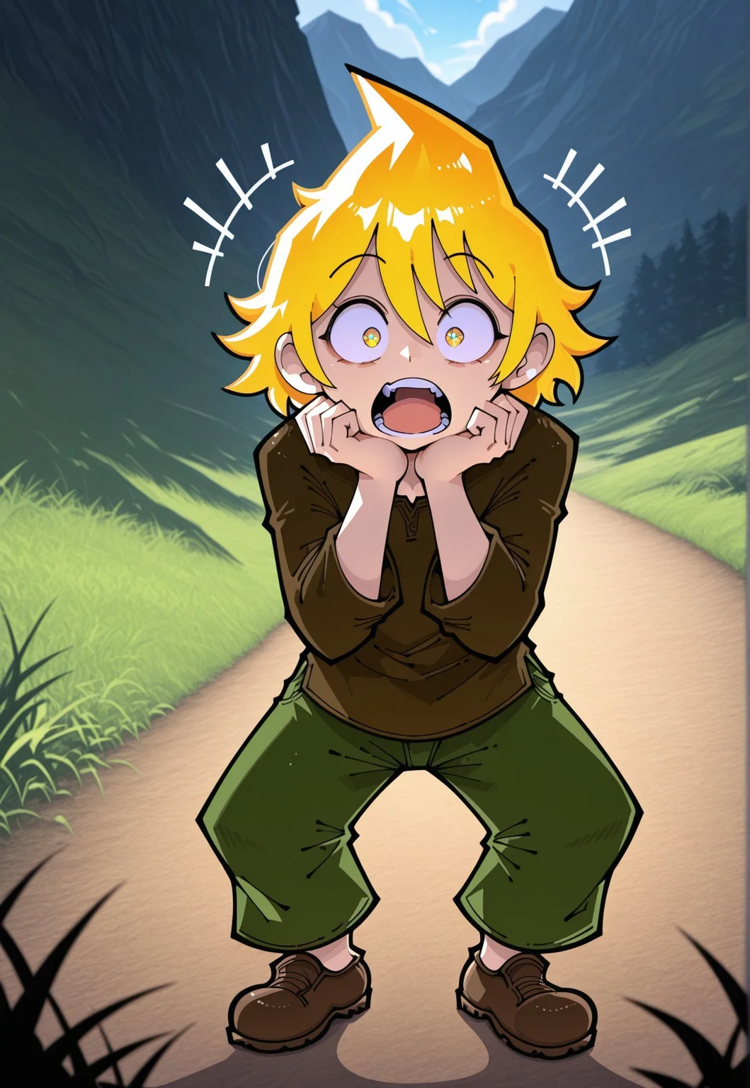 masterpiece, best quality, 1boy, solo, Funset, byazura, brown shirt, green pants, brown shoes, standing, knees apart, feet together, hands on chin, open mouth, wide-eyed, excited, gasping, start-shaped pupils, outdoors, full body