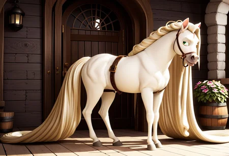 Score_9, score_8_up, score_7_up, original style, 3d disney anime, Maximus the white horse, solo, (A full body image of a horse with an endlessly long white Rapunzel-Style mane), (absurdly long white Rapunzel-Style mane:1.4), (meters of hair without end:1.2)
