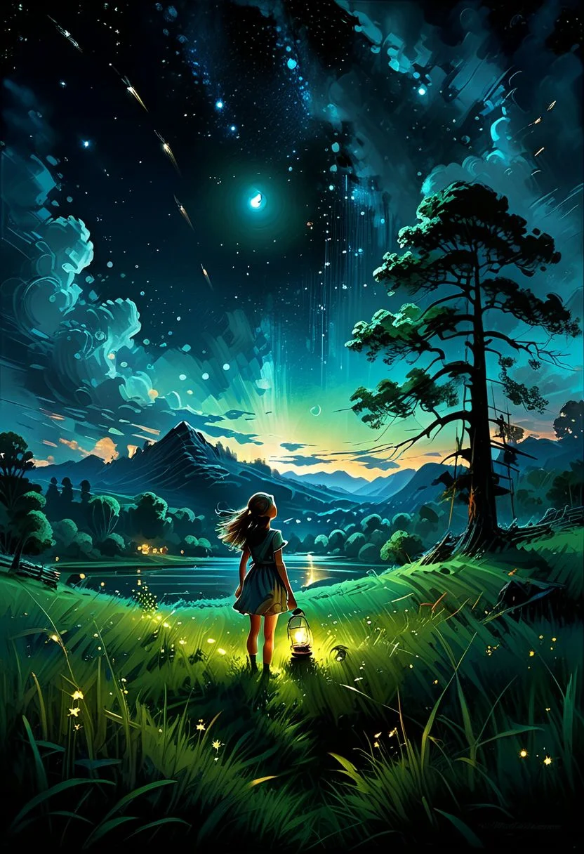 dark or moody setting, sense of depth and intrigue, digital brush strokes, summer night, magical night, landscape photography, from below, sky above and open field (solo: 1.2), side face of a girl standing on the grass and looking up, full moon, shooting stars, nebula, numerous clouds, mountain lines, trees,
masterpiece, best quality, 4k, ultra-detailed, studio quality, warm summer night, fireflies with a lantern, intricate details, field and river of blue grass, volumetric lighting,