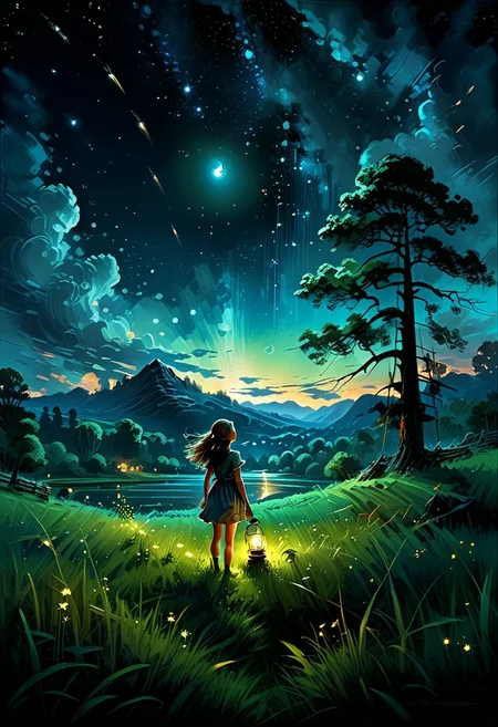 dark or moody setting, sense of depth and intrigue, digital brush strokes, summer night, magical night, landscape photography, from below, sky above and open field (solo: 1.2), side face of a girl standing on the grass and looking up, full moon, shooting stars, nebula, numerous clouds, mountain lines, trees,
masterpiece, best quality, 4k, ultra-detailed, studio quality, warm summer night, fireflies with a lantern, intricate details, field and river of blue grass, volumetric lighting,
