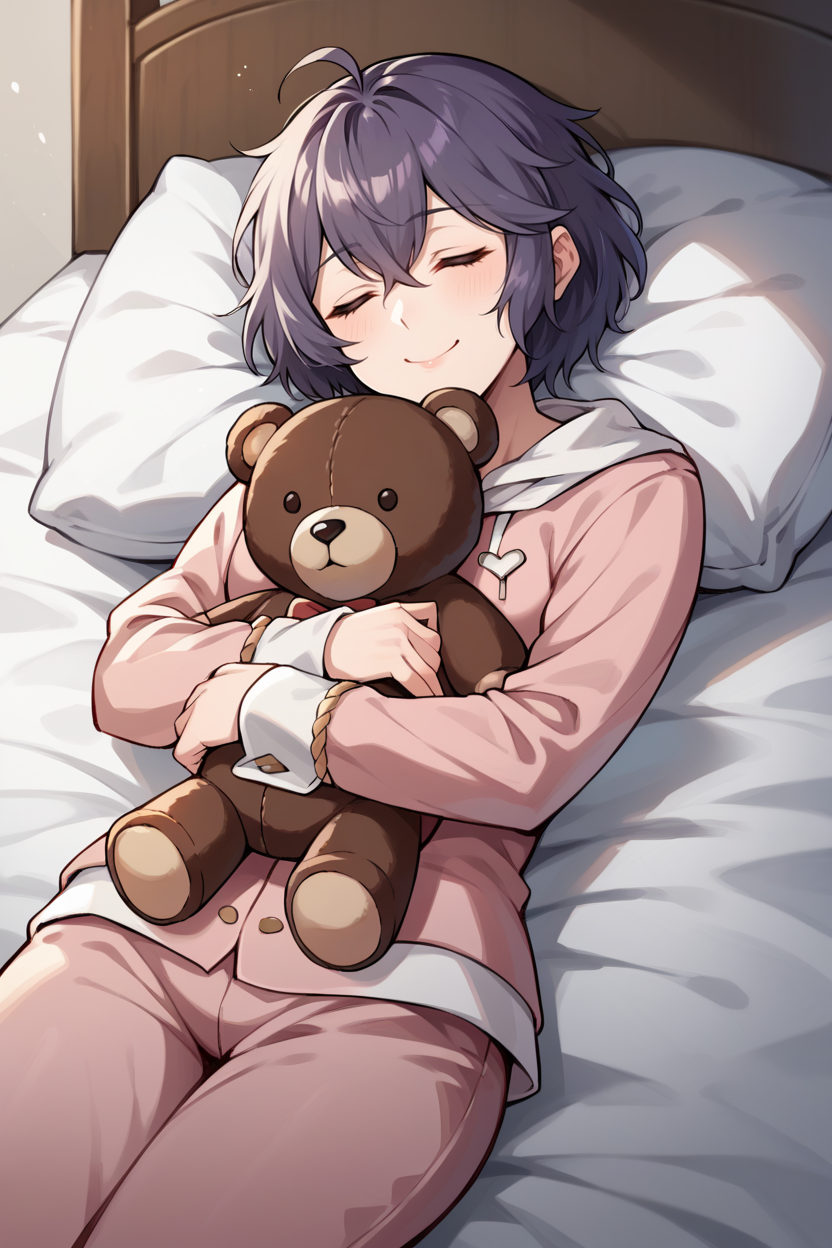 score_9, score_8_up, score_7_up, score_6_up, source_anime, 1girl BREAK <lora:bernadetta-pdxl-nvwls-v1:1> defBernie, messy hair, pink pajamas, sleeping, hugging teddy bear, smile, closed eyes, bed