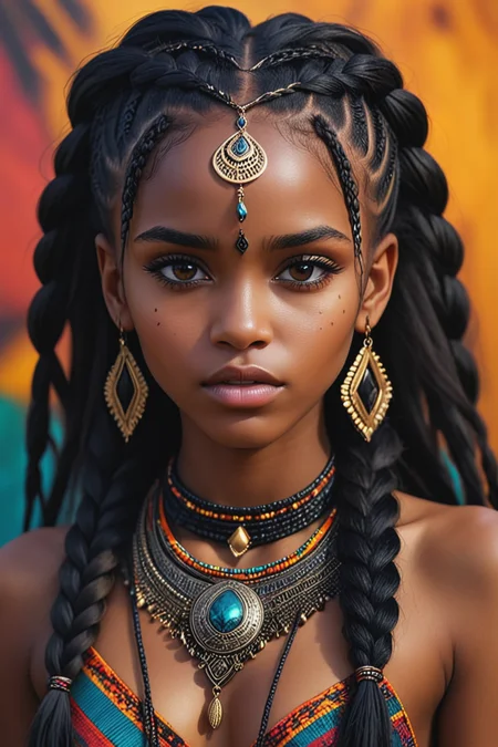 portrait,mesmerizing tribal girl,messy hair black,tantalizing eyes,realistic skin texture,jewelry,HD,(hyperdetailed long african braided dark hair),<lora:add-detail-xl:0.8>,Moody and eclectic,vivid colors,intricate background,<lora:helios666:0.4>,