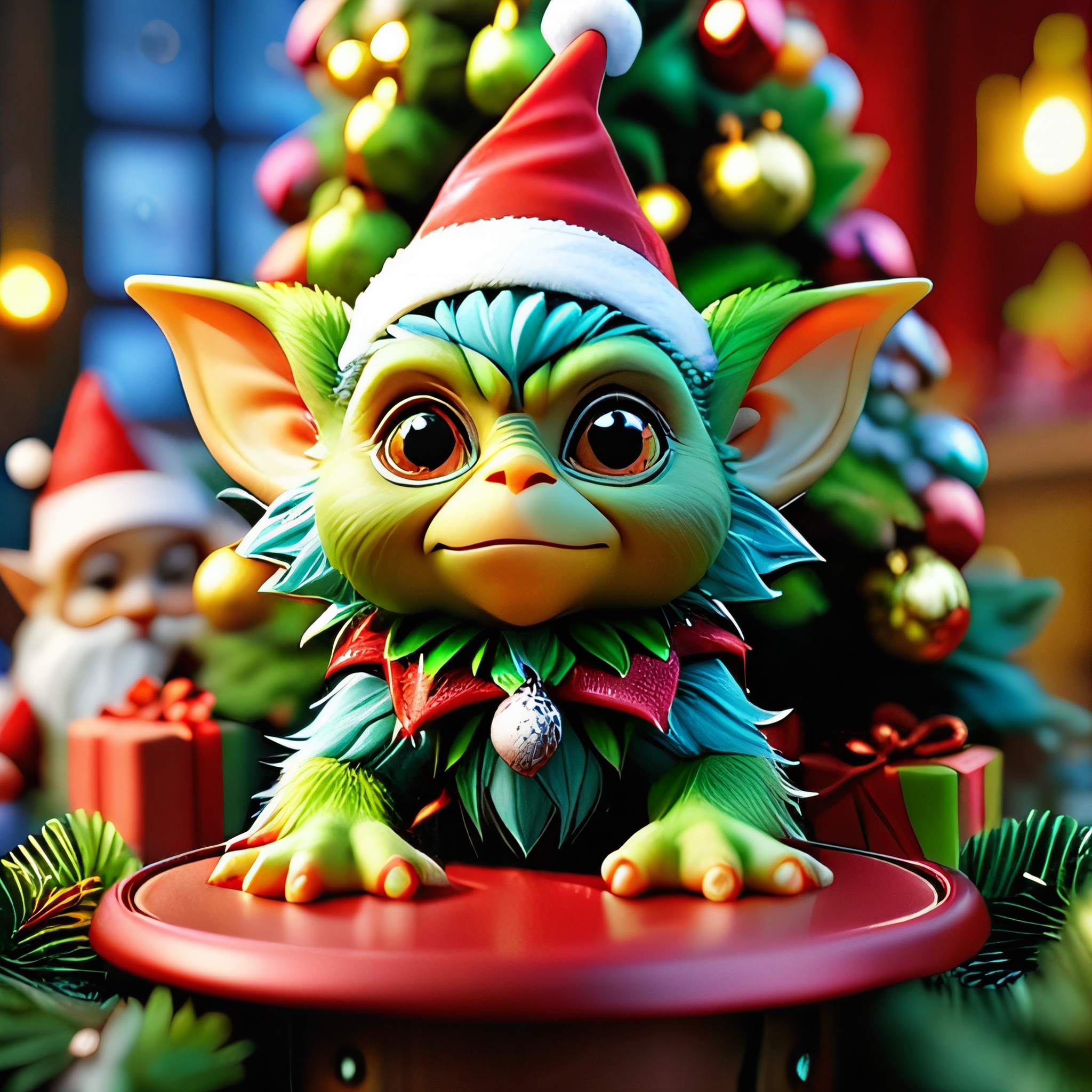 masterpiece, intricate photo, christmas gremlin, background kids elven toy factory at the north pole, christmas tree, festively decorated, christmas gifts, photo realistic, hyper realistic, highly detailed, sharp focus, best quality, high resolution, colorful, vibrant colors, studio lighting, 8K