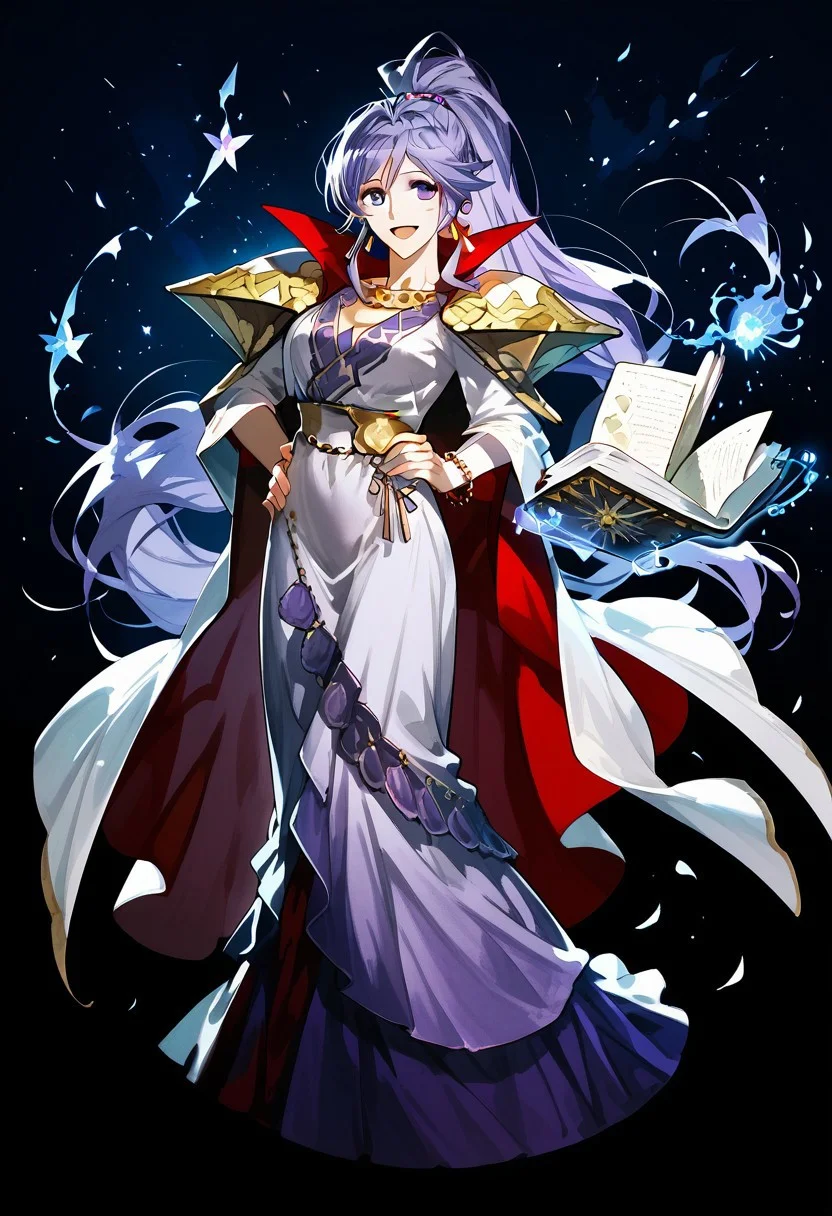 score_9_up, score_8_up, score_7_up, extreamly detailed, beautiful detailed face, complex detailed background, completely clothes, BREAK,
ISHTAR (FIRE EMBLEM), 1girl, solo, long hair, breasts, looking at viewer, smile, open mouth, skirt, shirt, jewelry, purple eyes, full body, ponytail, purple hair, earrings, alternate costume, hand on hip, book, long skirt, open book, magic