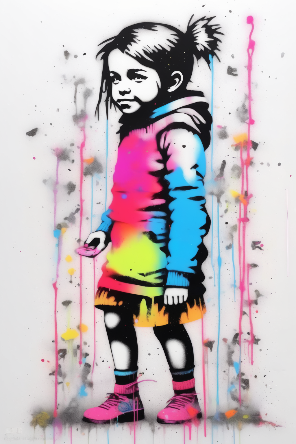 <lora:Martin Whatson Style:1>Martin Whatson Style - banksy graffiti doodle of little girl in socks neon colours on a bright white background