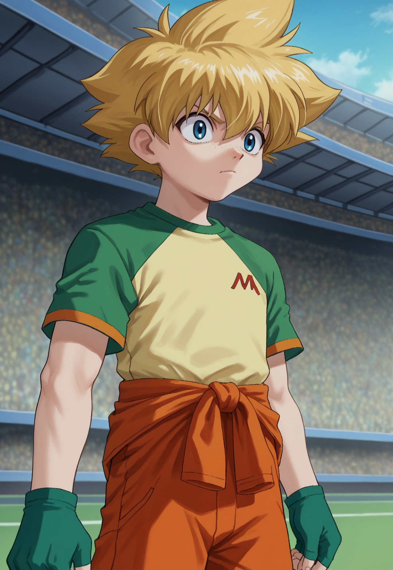 score_9, score_7_up, source_anime

MaMizuha, 1boy, male focus, solo, blue eyes, freckles, blonde hair, spiked hair, t-shirt, raglan sleeves, short sleeves, orange jumpsuit, jumpsuit around waist, gloves, green gloves, fingerless gloves,

outdoor, stadium