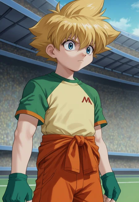 score_9, score_7_up, source_anime
MaMizuha, 1boy, male focus, solo, blue eyes, freckles, blonde hair, spiked hair, t-shirt, raglan sleeves, short sleeves, orange jumpsuit, jumpsuit around waist, gloves, green gloves, fingerless gloves,
outdoor, stadium