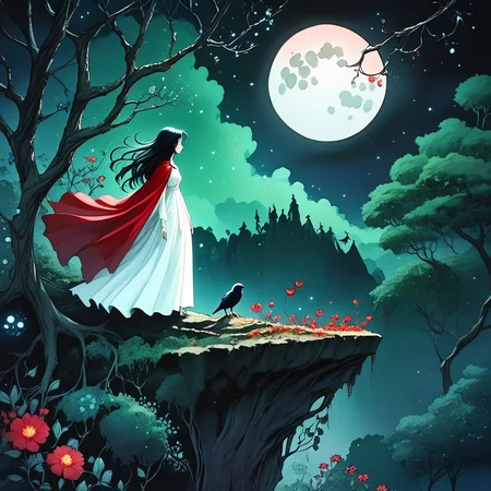 Score_9, score_8_up, score_7_up, score_6_up, BREAK <lora:Dark_GhibliPony:1> Studio Ghibli Dark Fairytale, The image is an illustration of a night scene with a full moon in the background. The sky is filled with stars and the moon is partially visible in the top right corner. The scene is set in a dark forest with tall trees and bushes. In the center of the image there is a large tree with a long white dress hanging from its branches. The tree has a gnarled trunk and is surrounded by red flowers and green leaves. On the left side of the tree there are two figures one of which is a woman with long dark hair and a red cloak standing on a cliff. The woman is facing away from the camera and appears to be looking up at the moon. The other figure is standing on the cliff looking down at the woman with a peaceful expression on their face. There is also a small bird perched on the edge of the cliff., 1girl, moon, tree, long hair, night, solo, flower, dress, black hair, sky