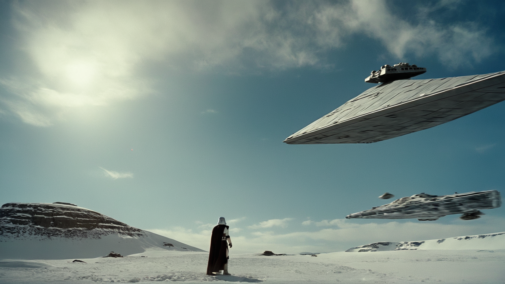 cinematic film still of  <lora:star wars style:0.2>
<lora:detailed:0.4> detailed
<lora:perfection style:0.4> perfect
<lora:PerfectEyesXL:0.5>
 <lora:Chiaroscuro Lighting Style:0.3>
 <lora:Hoth:0.9>
Hoth a scene of a star wars scene with a star destroyer and a man,in star wars style,1girl,outdoors,sky,cloud,moon,scenery,science fiction,rock,mountain,aircraft,planet,spacecraft,desert, shallow depth of field, vignette, highly detailed, high budget, bokeh, cinemascope, moody, epic, gorgeous, film grain, grainy