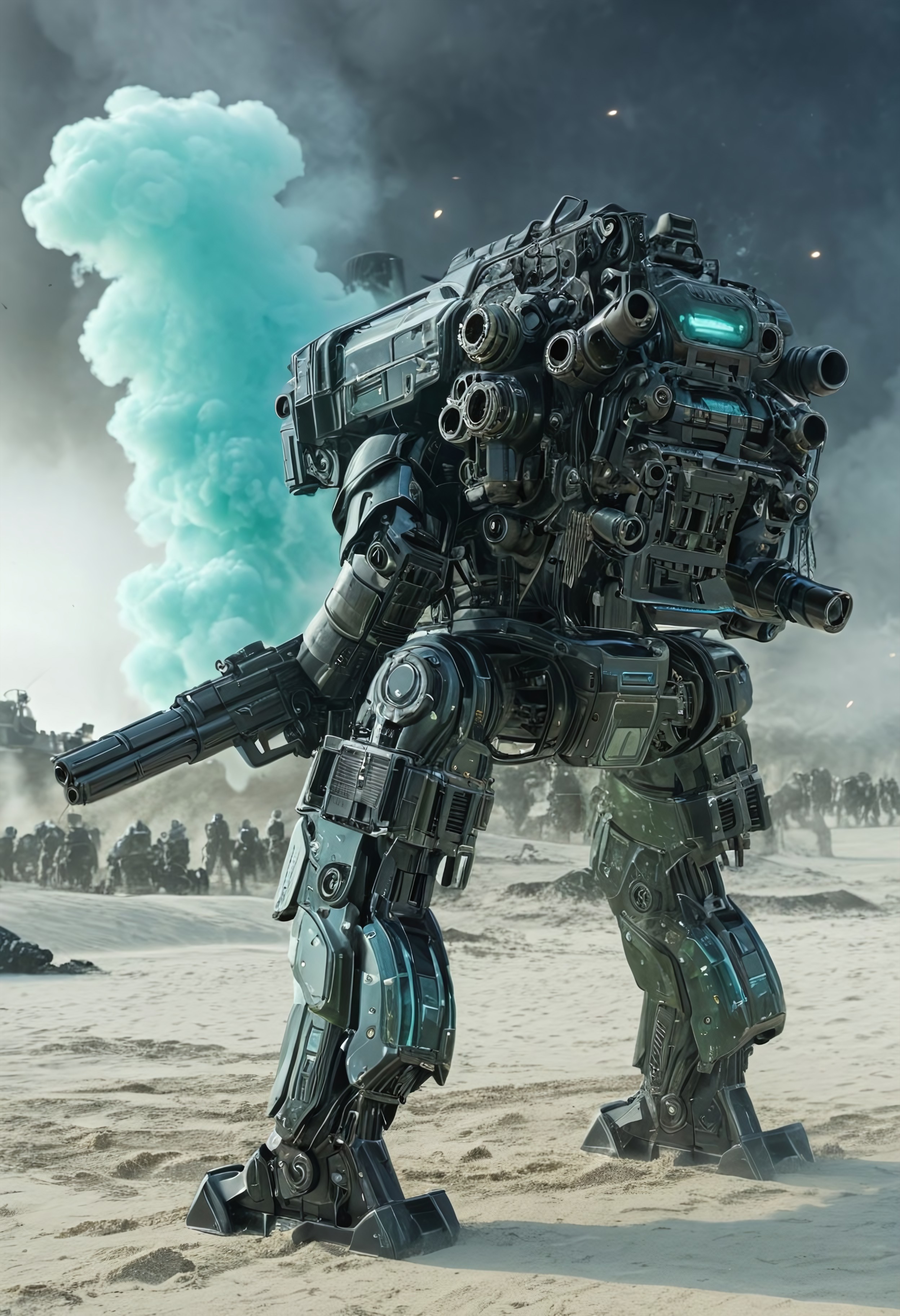 STX&ChrisBFBTDT, higly detailed, Black, shiny, mecha, gatling gun, standing in front of a battlefield surrounded by translucent cyborgs, explosions in the background, stars in background, green smoke, cyan sand everywhere, easynegative, ng_deepnegative_v1_75t
