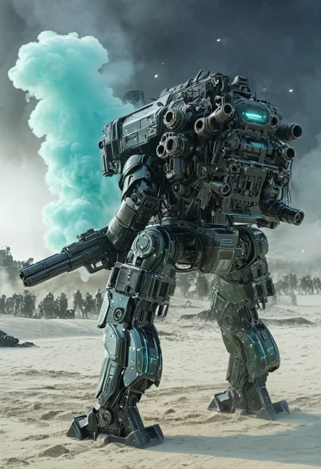 STX&ChrisBFBTDT, higly detailed, Black, shiny, mecha, gatling gun, standing in front of a battlefield surrounded by translucent cyborgs, explosions in the background, stars in background, green smoke, cyan sand everywhere, easynegative, ng_deepnegative_v1_75t