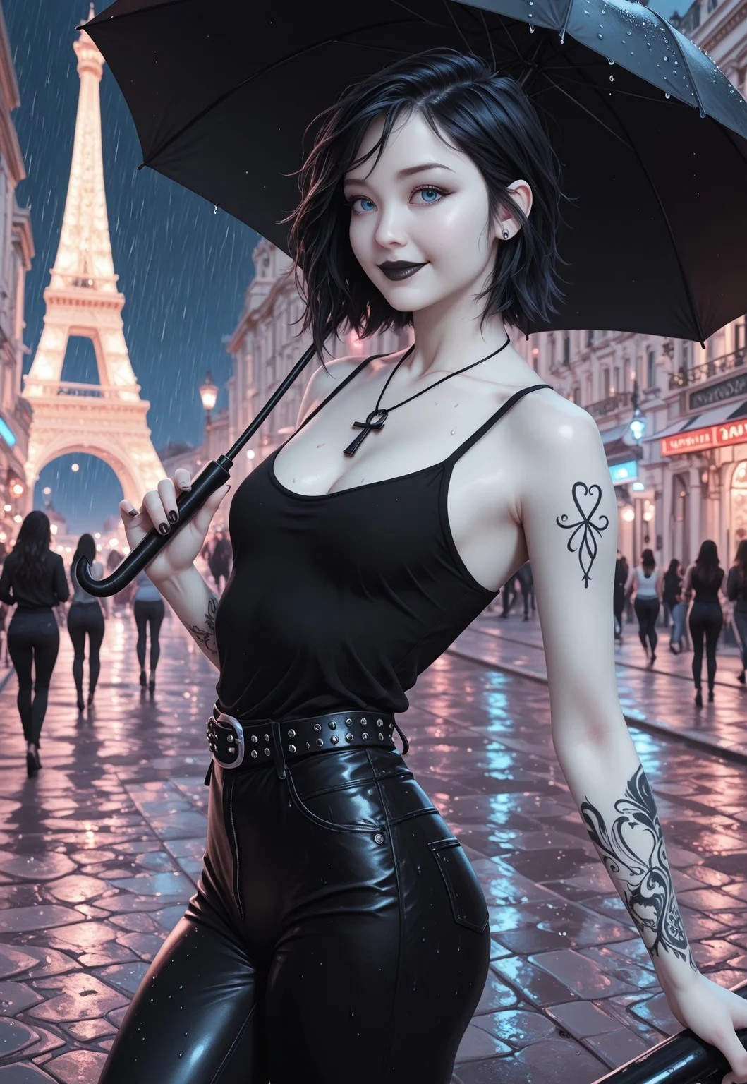(masterpiece:1.4), (best quality:1.3), (very aesthetic:1.2), (hyperdetailed:1.05), 8k, ultra-HD, newest, depth of field, (realistic), highres, newest, dramatic angle, dynamic pose,
cinematic composition,
1girl, looking at viewer, detailed_eyes, subject_focus,
<lora:Riona-PXL:1> Riona-PXL, Riona, riona-tat, tattoo, 3D, asian girl, solo, black hair,
detailed_eyes, subject_focus, tilted head, makeup, (arm tattoo), arm tattoo, small breasts, short hair, messy hair, half asian, ((blue eyes)), black lips, perfect face, perfect eyes, cinematic lighting, detailed skin, detailed hair, detailed eyes, absurdres, photo, photorealistic, ethereal atmosphere, cinematic composition, confident posture, cleavage, ((pale skin)),
<lora:Death of the EndlessilluLoRA:1>dethofend, white skin, black hair, ankh necklace, tank top, belt, pants, smile, dancing,
off shoulders, black leather pants, studded belt,
(dimly lit), ((in Paris:1.5))
(((black, ((pink)), white, Limited Palette, monochromatic colors)))
holding umbrella, outdoors, rain,