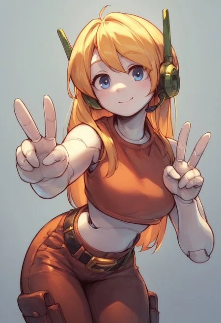 score_9, score_8_up, score_7_up, ultra quality, 1girl, Curlybracexl, robot, robot joints, white body, long hair, yellow hair, crop top, pants, belt, headset, cowboy shot, leaning forward, v sign, looking at viewer