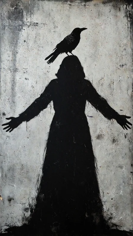 artwork that depicts a silhouette of a person with a bird perched on their head. The person, whose gender is indeterminate due to the lack of visible features, is standing with arms outstretched, creating a sense of motion or reaching out. The bird, likely a crow, is perched atop the person's head, adding an eerie and slightly ominous element to the composition. The background is a textured, muted gray wall, with a distressed appearance, featuring splatters and smudges that add to the overall dark and mysterious atmosphere. The silhouette is completely black, with no discernible details, creating a stark contrast against the lighter background. The textures of the wall and the silhouette's outline suggest a weathered or aged surface, possibly concrete or brick. The image evokes a sense of mystery and solitude, with the person and bird appearing almost ghostly against the backdrop. The overall mood is somber and slightly unsettling, with a focus on the interplay between light and shadow.,aidmaimageupgrader, aidmaMJ6.1 <lora:aidmaMJ6.1-FLUX-v0.5:0.7> <lora:aidmaImageUprader-FLUX-v0.3:0.4>