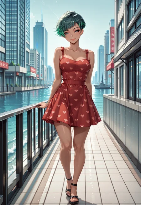 safe_pos, masterpiece, best quality, 32k, high resolution, absurdres, 1girl, Shizue, ShizueRH, Asian girl, 1girl, short hair, pixie cut, green hair, blue gradient hair, Asian eyes, dark grey eyes, medium breasts, slim, tanned skin, beautiful lips, HD32k, walking, aesthetic, full body shot, cute, red sundress, hearts pattern dress, sunny, city, urban scenario, sea in background, front view, looking at the viewer, little smile