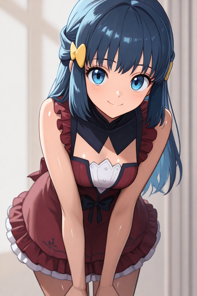 masterpiece, best quality, 1girl, solo, beautiful eyes, zzDawn, blue hair, blue eyes, sidelocks, long hair,  <lora:DawnPokemonIXL_e07:1.0> <lora:LFashionIXL_v2:1.0>, zzLFashion, frilled dress, frills, bow, dress, , cowboy shot, leaning forward, smile, looking at viewer, shiny skin,