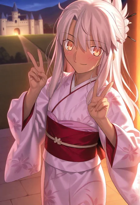 masterpiece, best quality, amazing quality, very aesthetic, absurdres, 1girl,
Takeuchi takashi, chloe von einzbern, fate stay/night, dark skin, pink hair, orange eyes, cowboy shot, smug, blush, child, castle, looking at viewer, kimono, peace sign