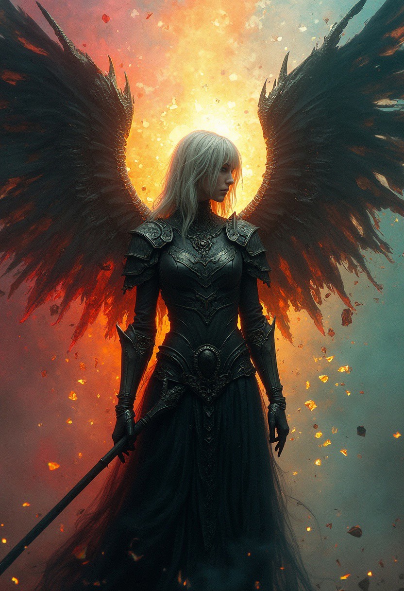 Thr focus is on a female silver haired demon hunter whose armor is partially fractured and shattered like it was glass. The backdrop is composed of different colors transitioning from warm reds and yellows near the center to calming blues and greens toward the periphery. The backdrop is centered behind the subject. The colors are separated by metallic fractures, creating a glowing mosaic effect. The colors of the backdrop are most intense near the center. The backdrop is partially shattered like glass. The subject itself is a stark and gloomy silhouette, contrasting beautifully against the vibrant, light-filled fragments surrounding it. The hunter has majestic feathered wings, but they are not the focus. Emphasis is placed on the hunter and the backdrop. The hunter is armed and about to fight.