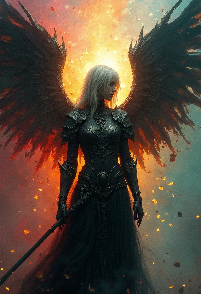 Thr focus is on a female silver haired demon hunter whose armor is partially fractured and shattered like it was glass. The backdrop is composed of different colors transitioning from warm reds and yellows near the center to calming blues and greens toward the periphery. The backdrop is centered behind the subject. The colors are separated by metallic fractures, creating a glowing mosaic effect. The colors of the backdrop are most intense near the center. The backdrop is partially shattered like glass. The subject itself is a stark and gloomy silhouette, contrasting beautifully against the vibrant, light-filled fragments surrounding it. The hunter has majestic feathered wings, but they are not the focus. Emphasis is placed on the hunter and the backdrop. The hunter is armed and about to fight.