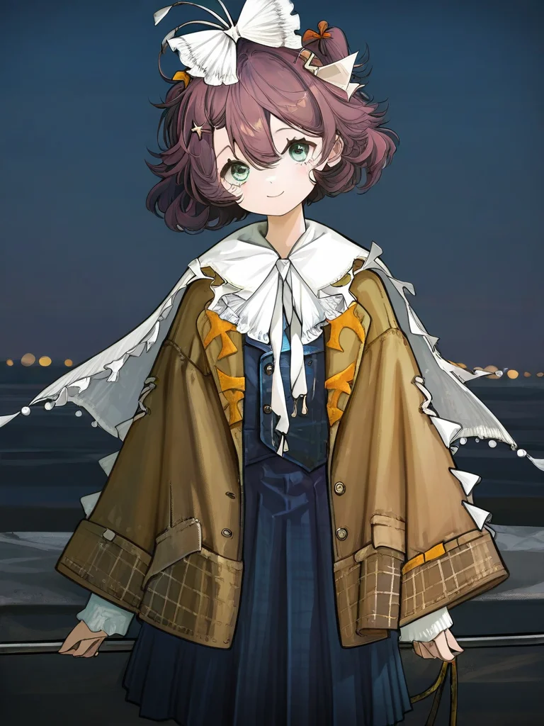 ,1girl,brown jacket,flutterpage,hair flower,hairclip,looking at viewer,night,outdoors,pleated skirt,simple background,smile,solo,standing,vest,<lora:flutterpage-000015:1>, masterpiece, best quality, very aesthetic, absurdres