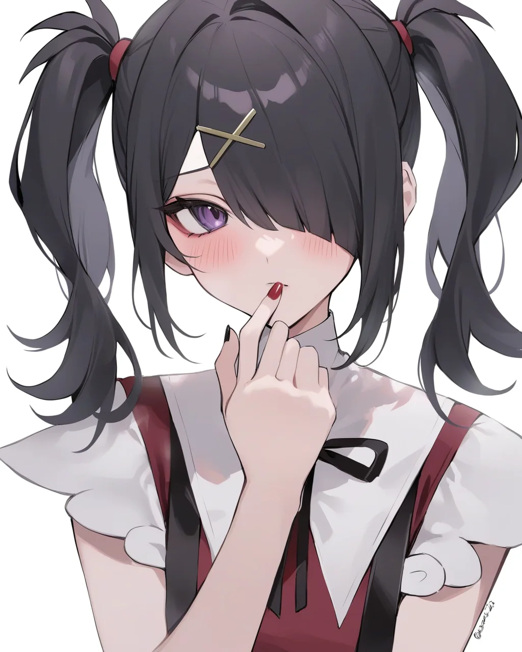 masterpiece,best quality,<lora:ame-chan:1>,ame-chan \(needy girl overdose\), 1girl, solo, twintails, black hair, hair over one eye, purple eyes, looking at viewer, blush, x hair ornament, nail polish, black nails, twitter username, suspenders, one eye covered, blood splatter, red nails, bangs, white background, upper body, hand over own mouth, hairclip, black ribbon
