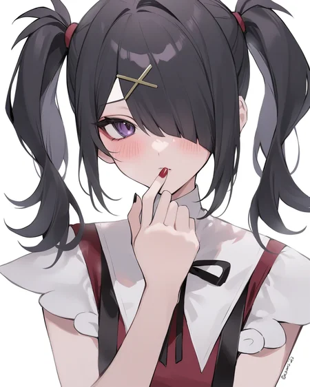 masterpiece,best quality,<lora:ame-chan:1>,ame-chan \(needy girl overdose\), 1girl, solo, twintails, black hair, hair over one eye, purple eyes, looking at viewer, blush, x hair ornament, nail polish, black nails, twitter username, suspenders, one eye covered, blood splatter, red nails, bangs, white background, upper body, hand over own mouth, hairclip, black ribbon