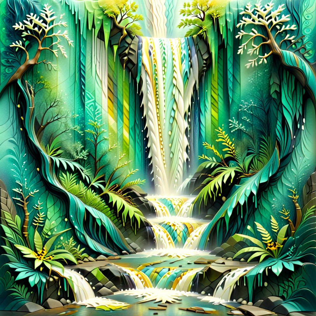abstract nature print, waterfall, kaleidoscopic patterns, mixed media, polyester, dadaism style, Background, spring tones, tribal pattern, tilt shift effect, glitter accents, asymmetrical, glossy texture, brushed finish <lora:artfully_DEPTHMAP:0.8>,  depth map, in the style of carved relief, embossing, encaustic, papercraft,