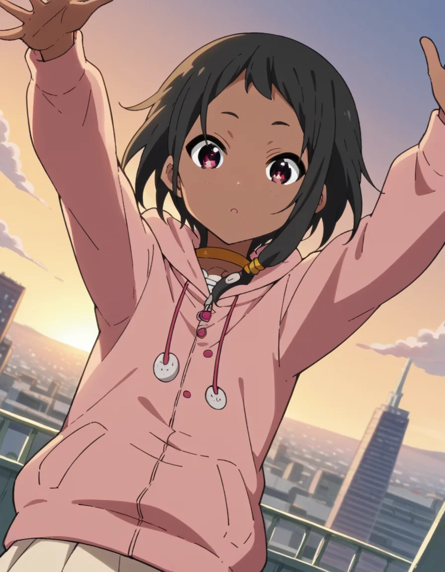 score_9, score_8_up, score_7_up, source_anime, <lora:choi-mochimazzi-s1-ponyxl-lora-nochekaiser:1>, choi mochimazzi, short hair, black hair, dark skin, dark-skinned female, pink eyes, sidelocks, jewelry, hoodie, pink hoodie, skirt,, rooftop, sunset, cityscape, quiet moment, wind blowing, contemplative, , on back, arm support, arms up, incoming hug, pov, reaching, reaching towards viewer,, looking at viewer, solo,, dutch angle, cowboy shot