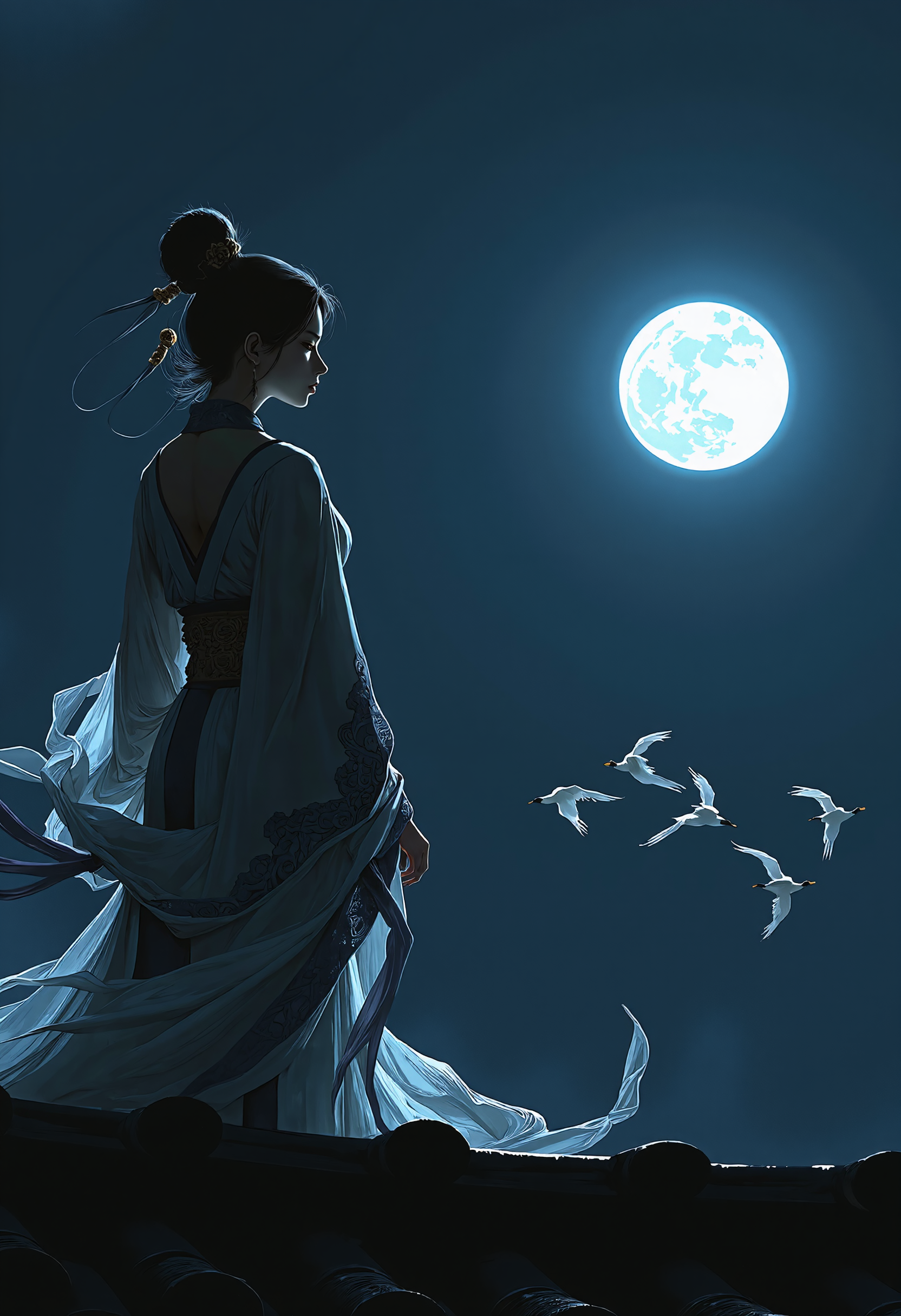 zhongfenghuaStyle, A beautiful traditional Chinese woman stands gracefully on the edge of a roof, her elegant silhouette outlined against the dark night sky. She gazes up at the full, round moon that illuminates the heavens with a soft, ethereal glow. Her delicate robes, embroidered with intricate patterns, flow gently in the night breeze, catching the faint light of the moon. In the distance, a flock of white cranes gracefully soars through the sky, their wings spread wide as they glide toward her, adding a sense of mysticism to the scene. The quiet, peaceful moment is filled with a sense of longing and timeless beauty, as the serene woman contemplates the vastness of the moonlit sky  <lora:zhongfenghuaStyle:1> <lora:Ethereal_EasternV2:0.4>