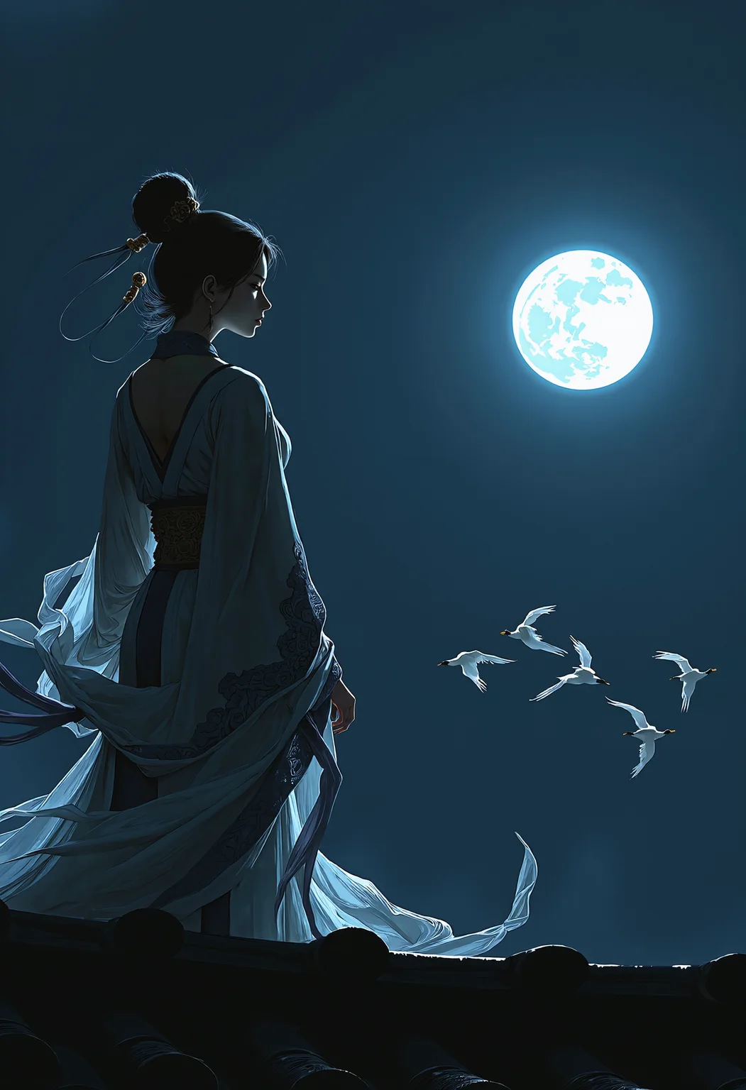 zhongfenghuaStyle, A beautiful traditional Chinese woman stands gracefully on the edge of a roof, her elegant silhouette outlined against the dark night sky. She gazes up at the full, round moon that illuminates the heavens with a soft, ethereal glow. Her delicate robes, embroidered with intricate patterns, flow gently in the night breeze, catching the faint light of the moon. In the distance, a flock of white cranes gracefully soars through the sky, their wings spread wide as they glide toward her, adding a sense of mysticism to the scene. The quiet, peaceful moment is filled with a sense of longing and timeless beauty, as the serene woman contemplates the vastness of the moonlit sky <lora:zhongfenghuaStyle:1> <lora:Ethereal_EasternV2:0.4>