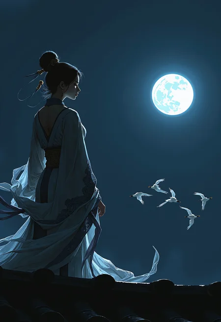 zhongfenghuaStyle, A beautiful traditional Chinese woman stands gracefully on the edge of a roof, her elegant silhouette outlined against the dark night sky. She gazes up at the full, round moon that illuminates the heavens with a soft, ethereal glow. Her delicate robes, embroidered with intricate patterns, flow gently in the night breeze, catching the faint light of the moon. In the distance, a flock of white cranes gracefully soars through the sky, their wings spread wide as they glide toward her, adding a sense of mysticism to the scene. The quiet, peaceful moment is filled with a sense of longing and timeless beauty, as the serene woman contemplates the vastness of the moonlit sky  <lora:zhongfenghuaStyle:1> <lora:Ethereal_EasternV2:0.4>